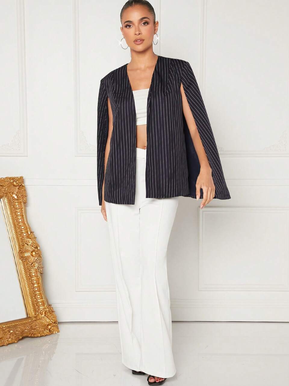 Striped Open Front Cape Coat