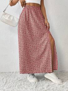 SHEIN PETITE 女款高開衩花卉印花半身裙 - 粉色 - 查看 5