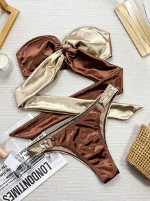 SHEIN Swim Women Bikini Sets Cincin Blok Warna Plain Seksi - Coffee Brown - View 3