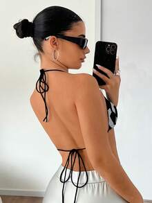 SHEIN ICON Y2k夏季反光字母印花三角胸衣頸掛式短款女式上衣 - 黑色 - 查看 3