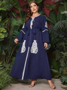 Al Najma Vestido Feminino Plus Size Bordado Com Borla E Estilo Árabe Com Faixa - Azul marinho - Ver 5