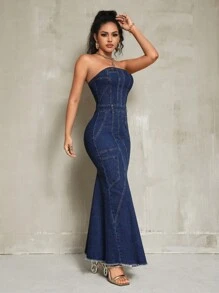 SHEIN SXY 女士磨边露肩超长牛仔连衣裙 - 深色水洗藍 - 查看 7