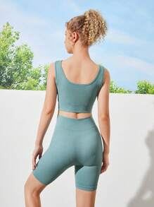 SHEIN Teen Girl Solid Color Tank Top & Shorts Fitness Peach Buttock Outdoor Sport Suit