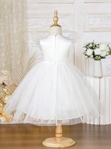 SHEIN Glamorique Kids 年輕女孩華麗的蓬蓬袖白色蕾絲公主禮服，適用於婚禮花童、晚會禮服、生日派對 - 白色 - 查看 6