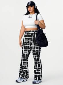 SHEIN Coolane Của phụ nữ Kích thước lớn Kẻ sọc Chuông dưới cùng Quần - Đen và trắng - Xem 5