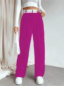 SHEIN Unity Women's Contrast Waist Straight Leg Suit Pants - Rose Red - View 1