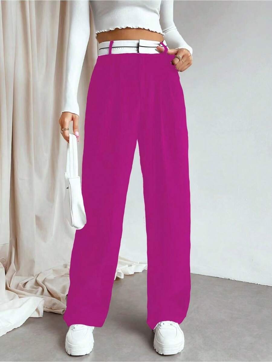 SHEIN Unity Women's Contrast Waist Straight Leg Suit Pants - Rose Red - View 1
