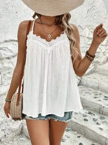 Breezaya Solid Color V-Neck Thin Strap Lace Patchwork Camisole