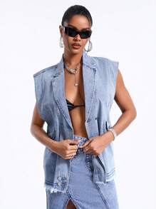 SHEIN BAE Denim Jacket With Frayed Lapels - Blue - View 4