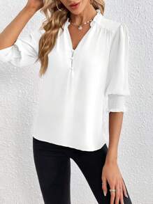 SHEIN Privé Camicia Da Donna Con Collo A V A Taglio Liscio In Tinta Unita - Bianco - Visualizzare 3