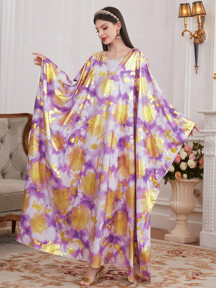 Women's Full Patterned Hollow Out Shoulder Batwing Sleeve Kaftan