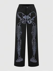 ROMWE Fairycore Của phụ nữ Bộ xương Sọ In Quần legging thẳng - màu đen - Xem 1
