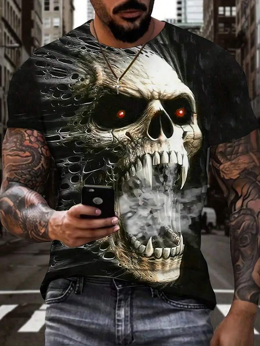 Manfinity LEGND Men Skull Print Tee, Skull T-Shirt Men, Gothic T-Shirt Men, Skeleton Graphic Tee - Black - View 1