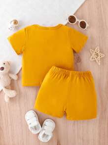 Baby Boy's Bear Embossed Short Sleeve T-Shirt And Shorts Set - Orange - View 2