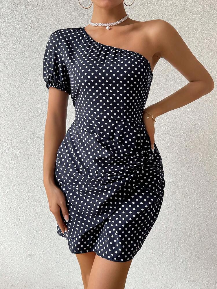 Ladies' Polka Dot One Shoulder Short Puff Sleeve Dress