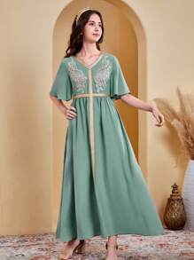 SHEIN Leap Crew Teen Girls' Bohemian Patckwork Belt Short Sleeve Long Green Dress For Holiday Church Dresses - Green - View 4