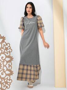 Seusyu 女性字母印花拼接格紋阿巴亞長袍連衣裙