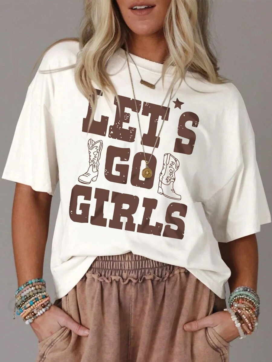 INAWLY Letter Printed Drop Shoulder Short Sleeve T-Shirt - White - View 1