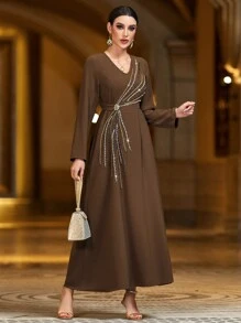 Modelyn Cà phê Làm thủ công Kết cườm Eo Kẹp chặt Đầm - Cà phê - Xem 4