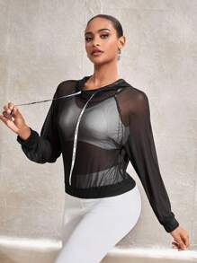 SHEIN Sports Drawstring Hooded Raglan Sleeve Sports Sweatshirt - Black - View 8