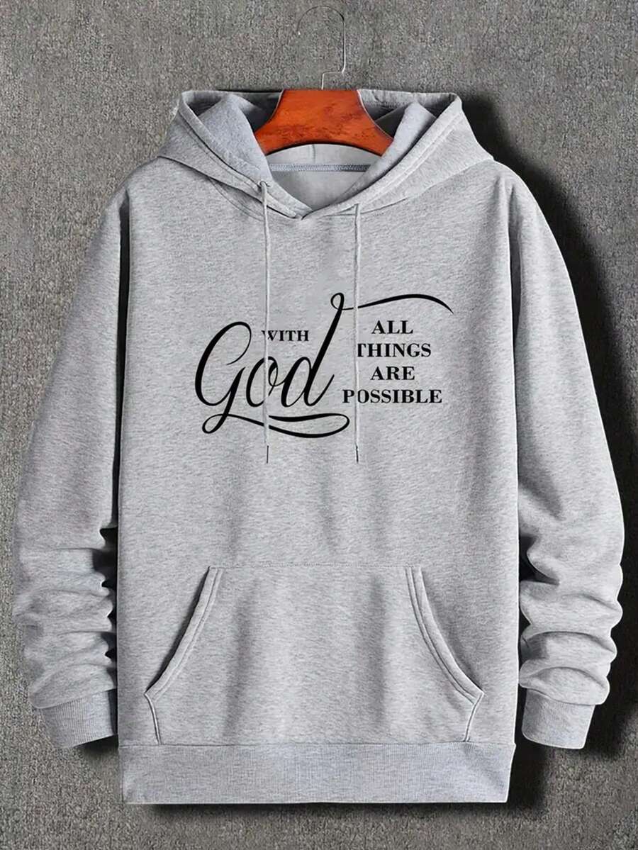 Men's Long Sleeve Hoodie With Slogan Print - Grey - View 1