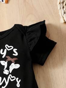 Baby Slogan Graphic Ruffle Trim Bodysuit & Graphic Print Bow Trousers - Black and White - View 5