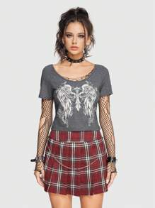 ROMWE Grunge Punk Wings Print Scoop Neck Slim Fit Tee For Summer - Light Grey - View 3