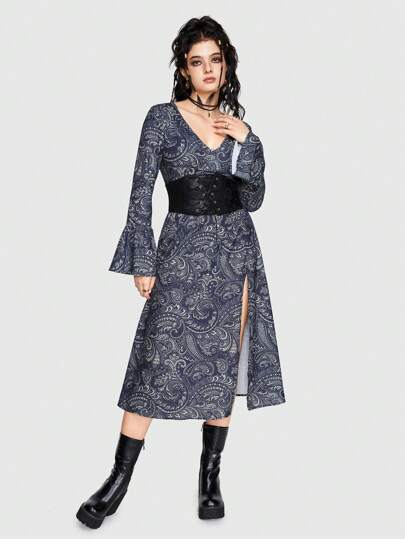 Hippie V-Neck Paisley Print Dress With High Side Slit