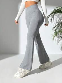 SHEIN PETITE Back Cross Flared Slim Fit Pants - Grey - View 3