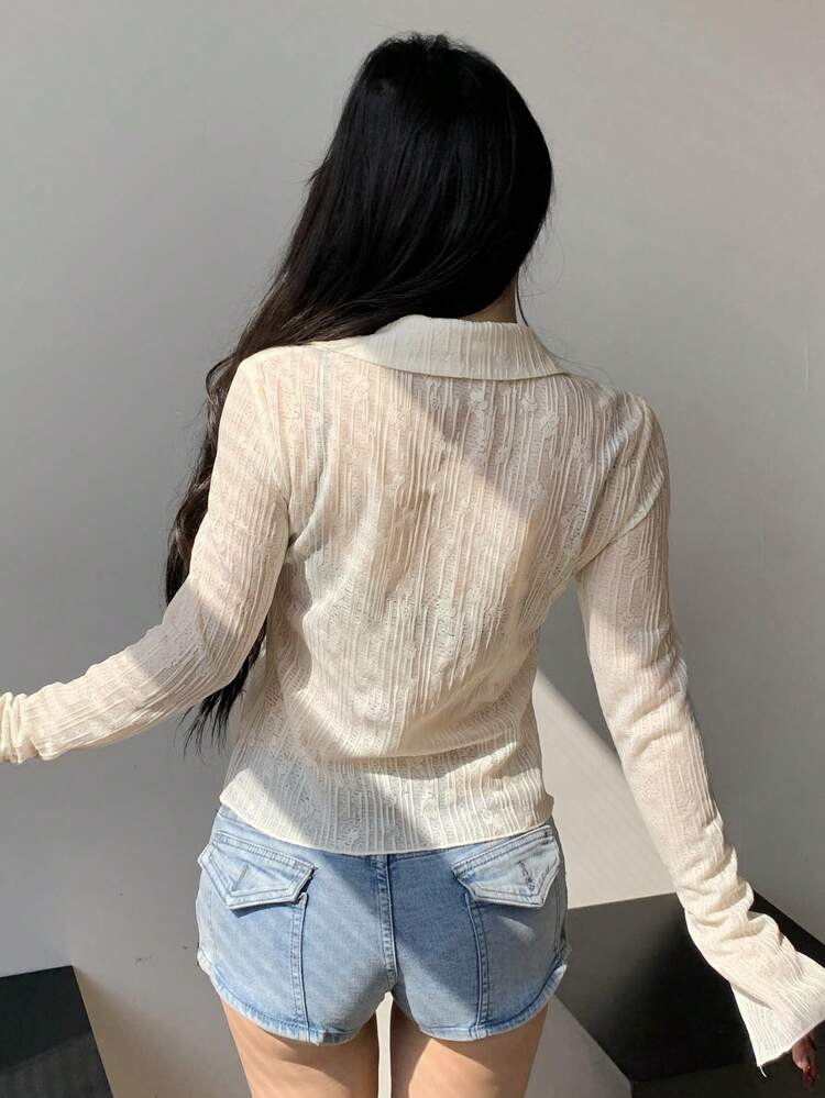 Women's Tie Front Open Sleeve Cuff Blouse Long Sleeve Top