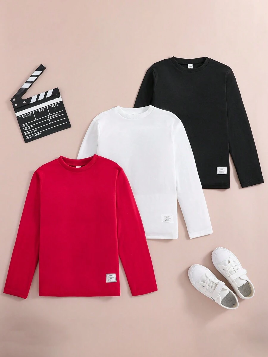 SHEIN 3件套男童休闲基础款字母印花短袖T恤，适合叠穿，校园时尚，秋冬季必备 - 紅色 - 查看 1