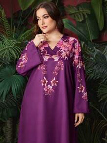 Al Najma Plus Size Women's Arabic Clothing With Floral Print - Red Violet - View 1