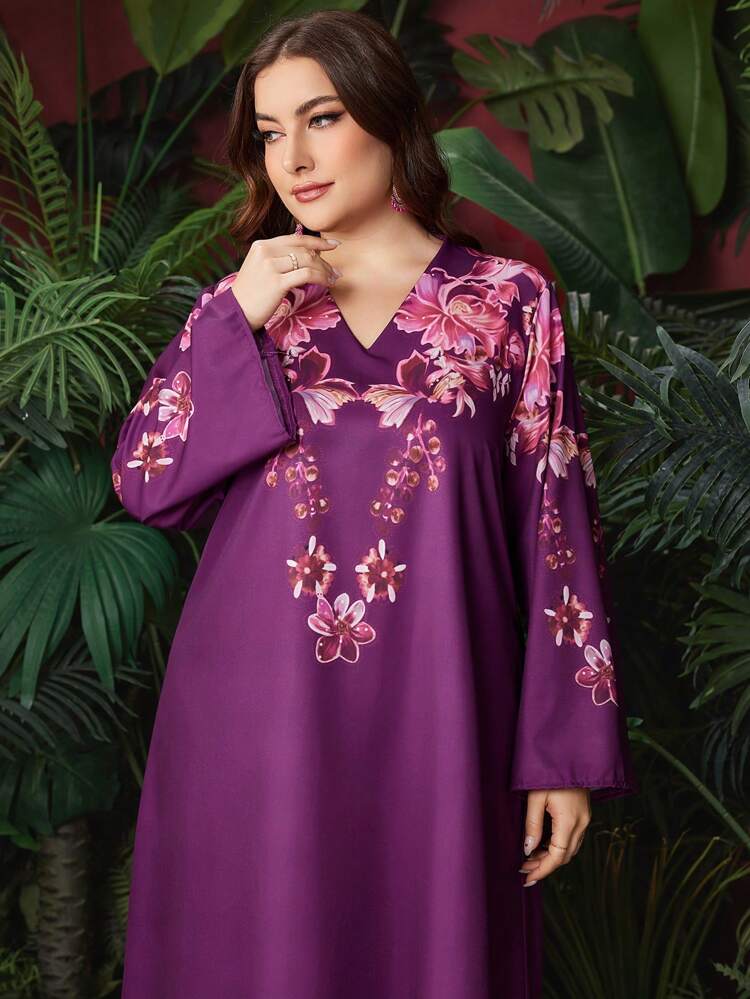 Plus Size Women's Arabic Clothing With Floral Print
