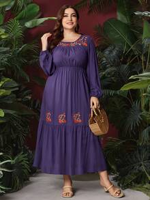 Mulvari Plus Size Women's Floral Embroidery Lantern Sleeve Dress - Purple - View 5