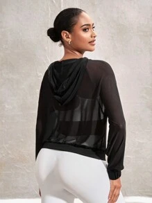 SHEIN Sports Drawstring Hooded Raglan Sleeve Sports Sweatshirt - Black - View 2