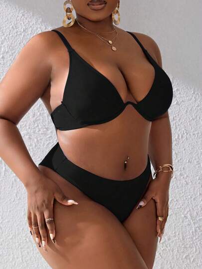 Slaydiva Summer Beach Plus Size Solid Color Bikini Set With Underwire