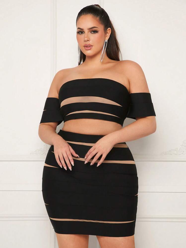 Plus Size Spring Summer Off The Shoulder Mesh Contrast Bandage Top And Skirt Set
