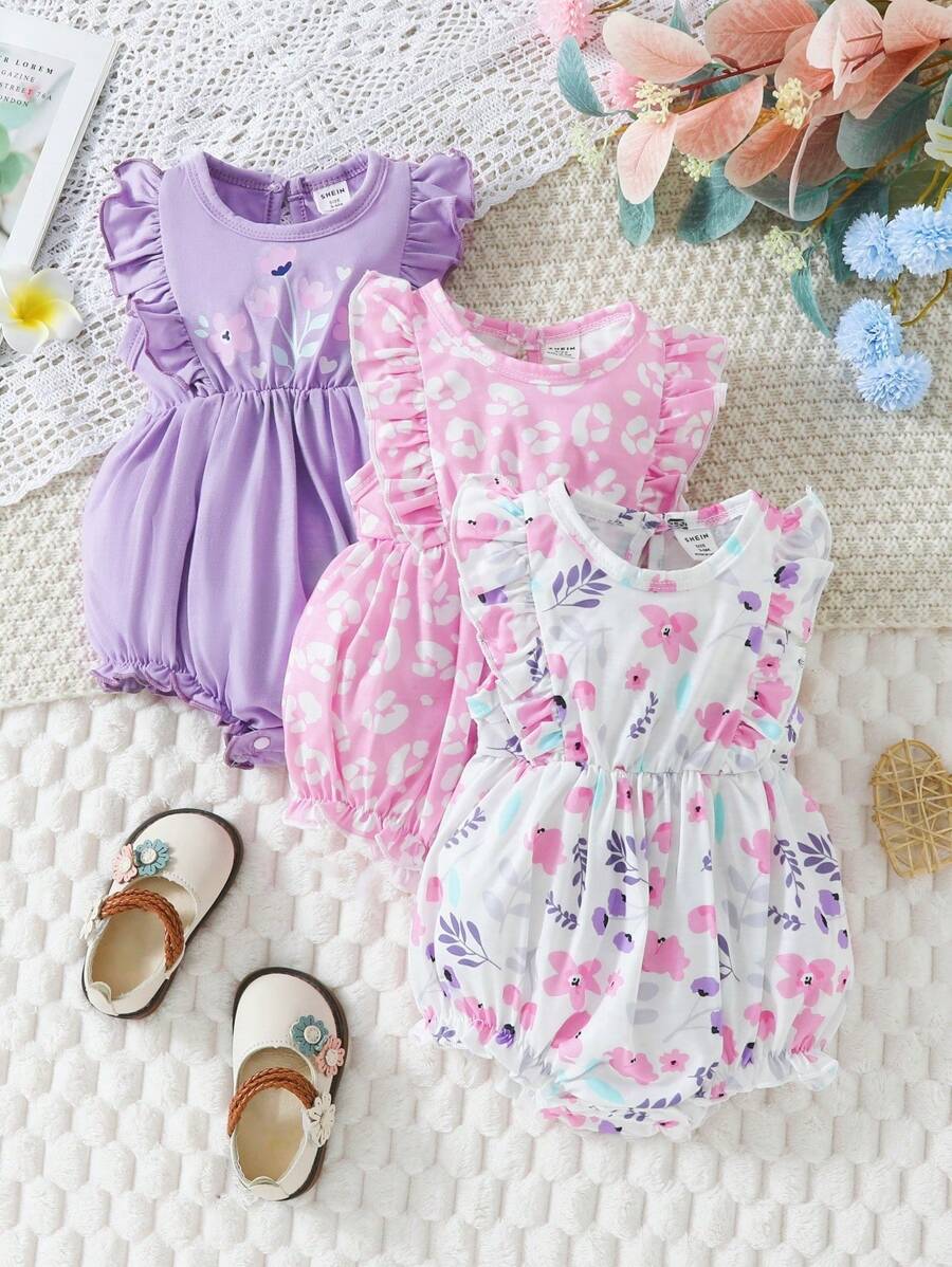 SHEIN Baby Girl's 3pcs Lovely Flower & Leopard Print Ruffle Design Bodysuit Set, Casual And Versatile