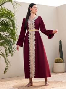 Al Najma 勃艮第红色女式长袖刺绣 V 领阿拉伯长裙 - 酒紅色 - 查看 4