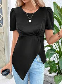 SHEIN LUNE Chemisier À Encolure Ronde À Manches Courtes Bouffantes Pour Femmes - Noir - Voir 6