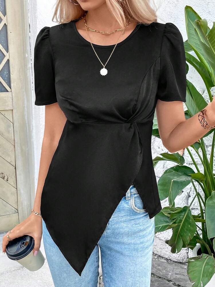 Women's Short Puff Sleeve Round Neck Shirt