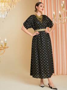 Divindia 金色格紋花紋長/短袖中長裙