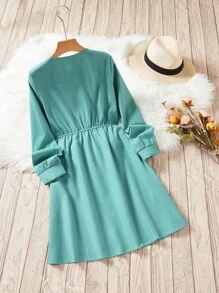 SHEIN VCAY Women's Plant Embroidery Round Neck Dress - Green - View 2