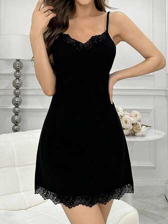 Women's Lace Trimmed Strappy Pajama Night Dress