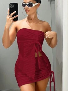 SHEIN ICON Màu thuần Dây rút Quần bó Bộ đồ - Đỏ - Xem 4