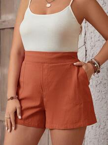 SHEIN VCAY Plus Size Solid Color Casual Shorts - Brown - View 6
