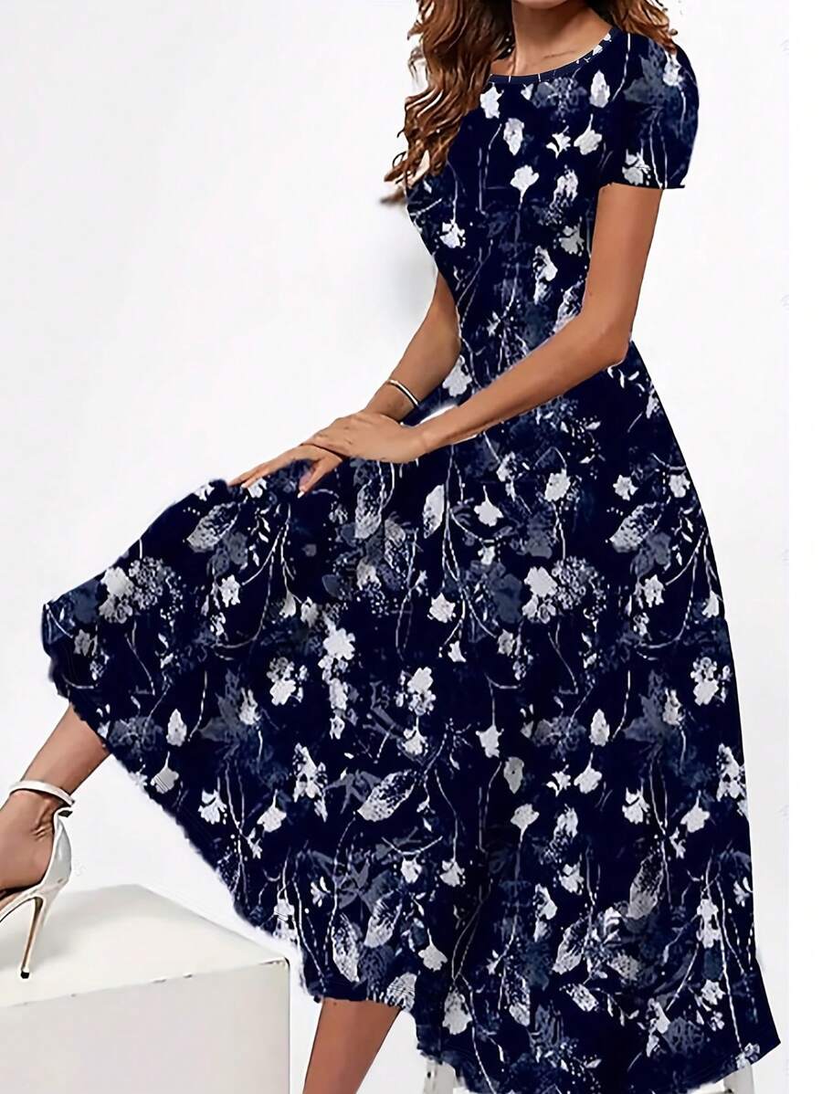SHEIN LUNE 花卉印花女裝連衣裙 - 藏蓝色 - 查看 1