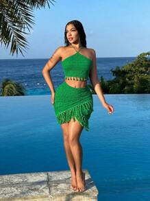 SHEIN SXY 夏季度假海灘女士2件套組合,綁頸針織流蘇背心和褶皺迷你裙 - 綠色 - 查看 6