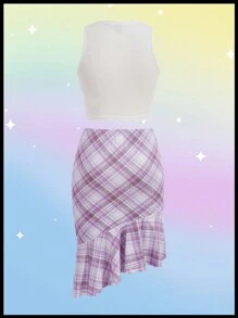 SHEINNeu Conjunto de dos piezas Kidcore Dopamina para mujer con chaleco de gato 3D lindo y falda ajustada con estampado de cuadros de gato y cola de pez - Multicolor - Ver 2