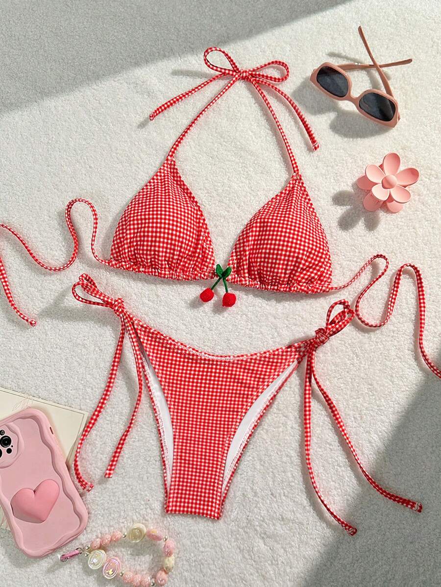 Swim Mod 夏季海滩格子两件套比基尼套装情人胸罩和比基尼套装底部比基尼套装 - 紅白色 - 查看 1